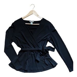 H&M black long sleeve wrap front surplice neckline top peplum waist size small